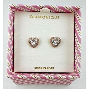 Diamonique Heart Halo Stud Earrings Rose Gold Vermeil Sterling Silver Gift Boxed